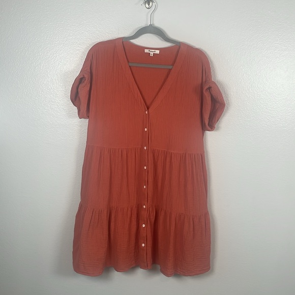 Madewell Terracotta lightspun cuffed button front tiered mini dress size medium - Picture 4 of 13